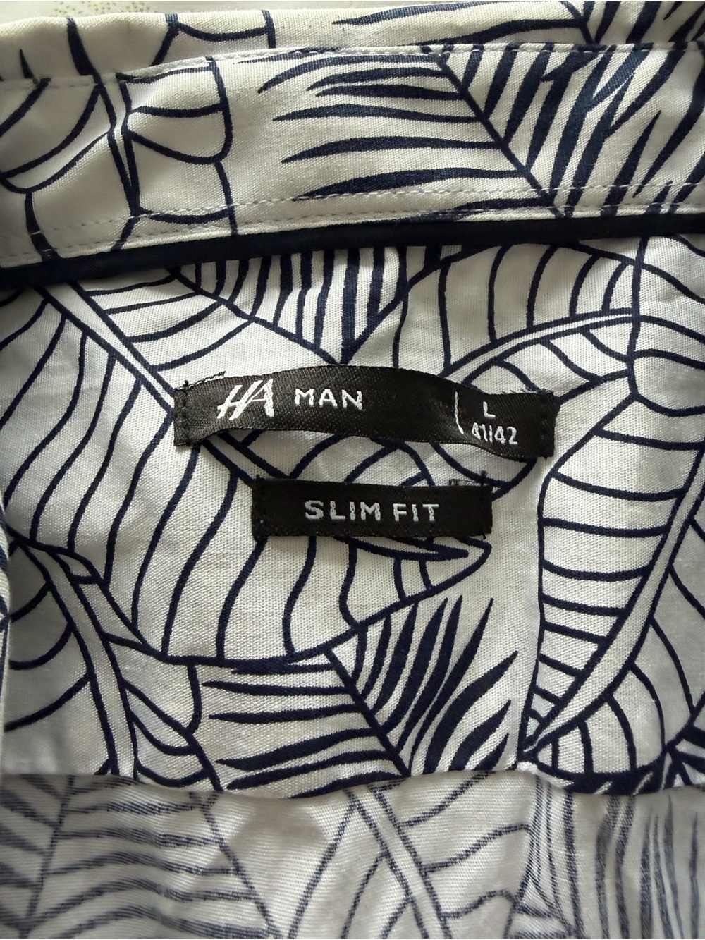 HA Man Slim Fit Button-Up Shirt - White with Navy Leaf Print